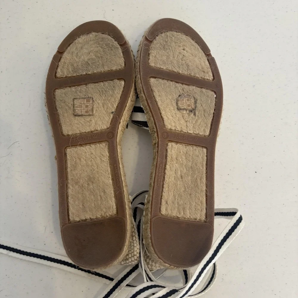 J Crew Shoes Womens Size 8 Navy Ivory‎ Espadrille Stripe Ankle Tie Flats Summer